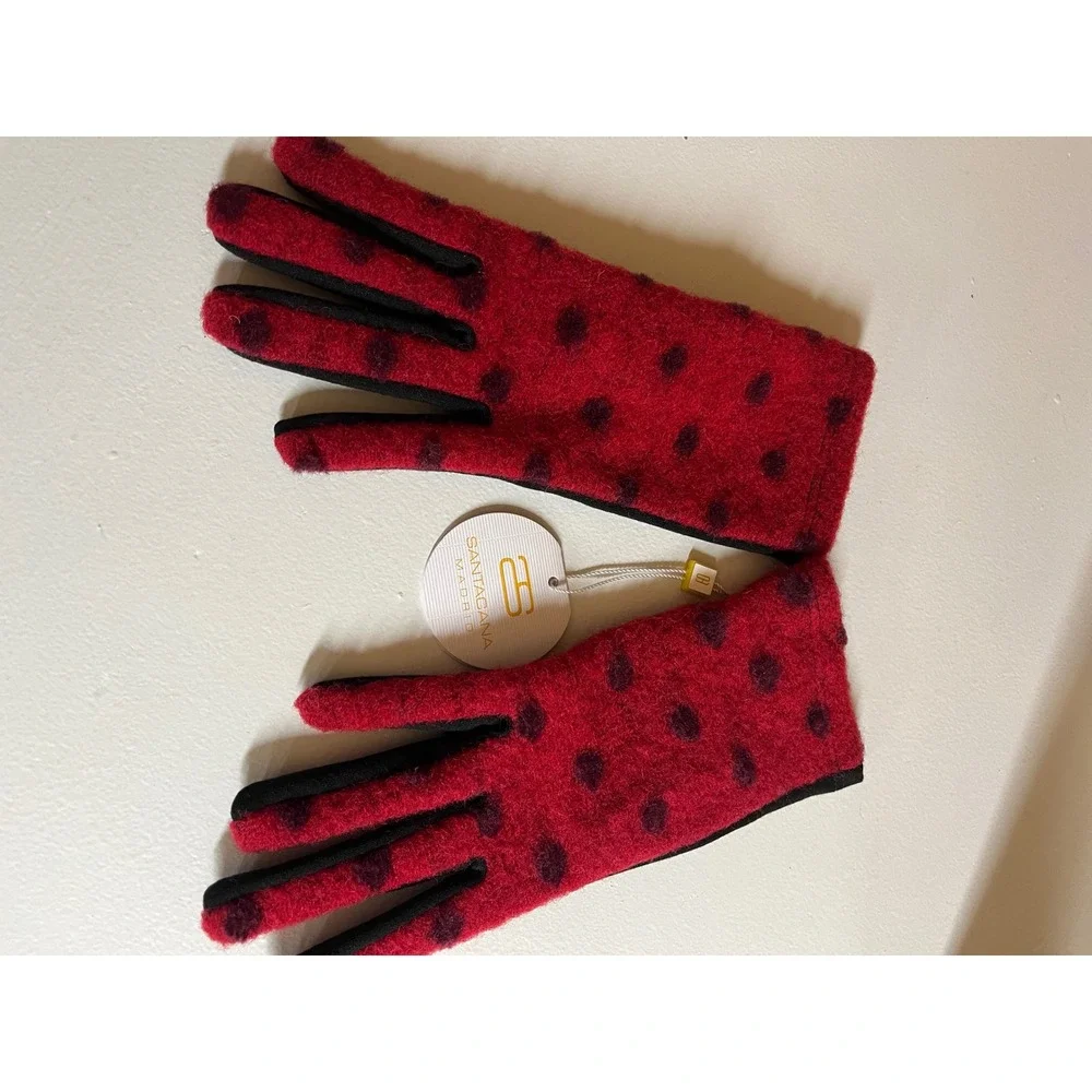 Santacana Madrid Red Polka Dot Wool Blend Gloves Black Palm Made in Spain NWT SM